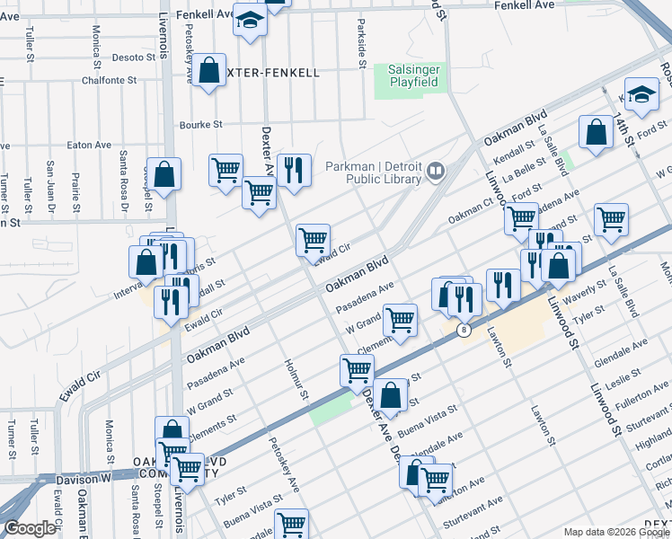 map of restaurants, bars, coffee shops, grocery stores, and more near 2107 Oakman Boulevard in Detroit