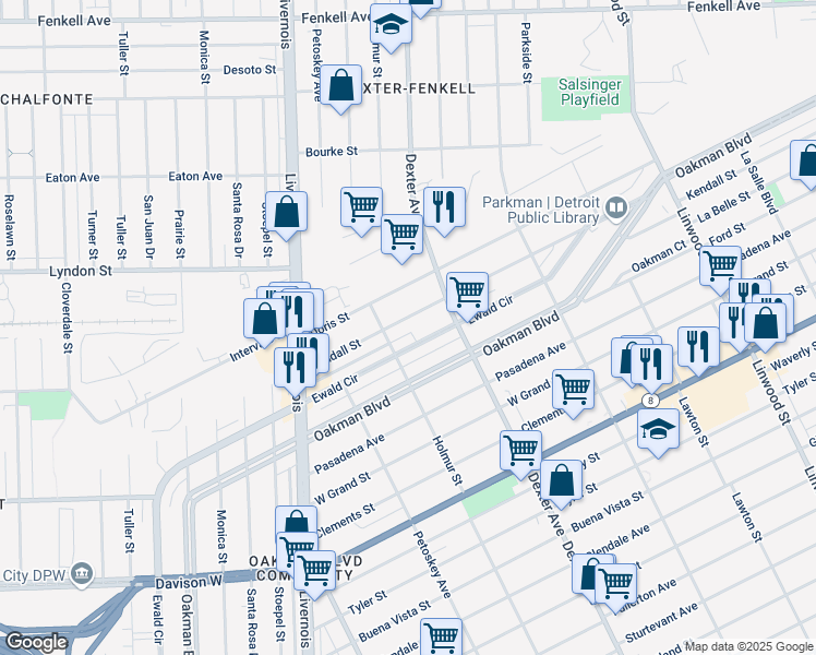 map of restaurants, bars, coffee shops, grocery stores, and more near 2314 Ewald Circle in Detroit