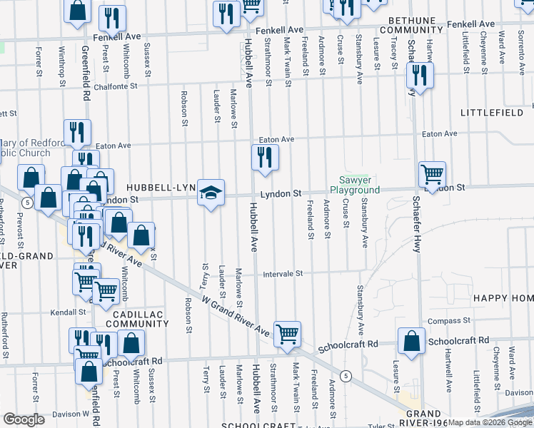 map of restaurants, bars, coffee shops, grocery stores, and more near 14347 Hubbell Avenue in Detroit