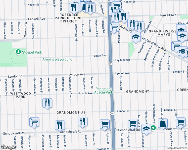 map of restaurants, bars, coffee shops, grocery stores, and more near 14411 Penrod Street in Detroit