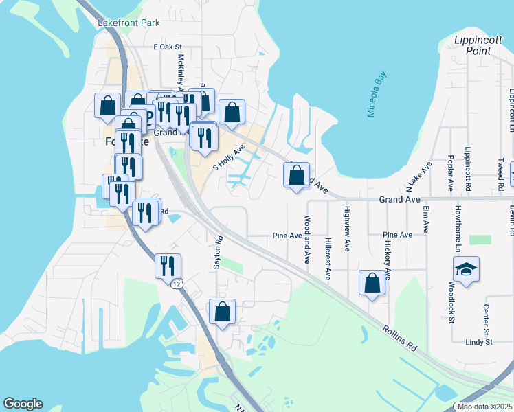 map of restaurants, bars, coffee shops, grocery stores, and more near 20 Hillside Drive in Fox Lake