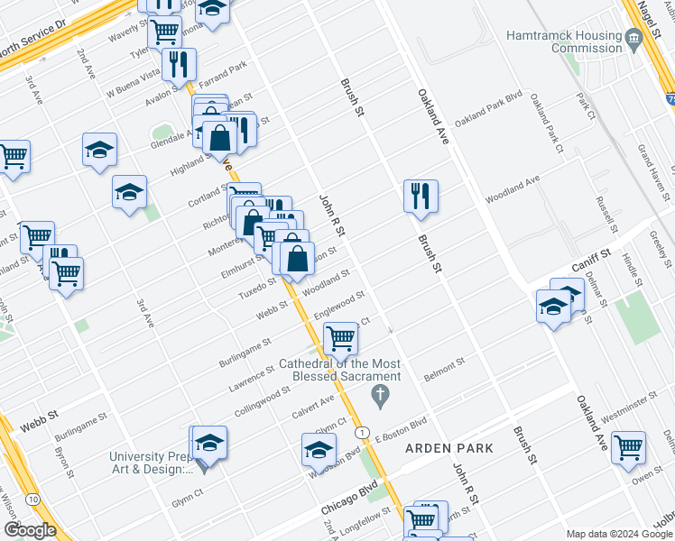 map of restaurants, bars, coffee shops, grocery stores, and more near 115 Woodland Street in Detroit