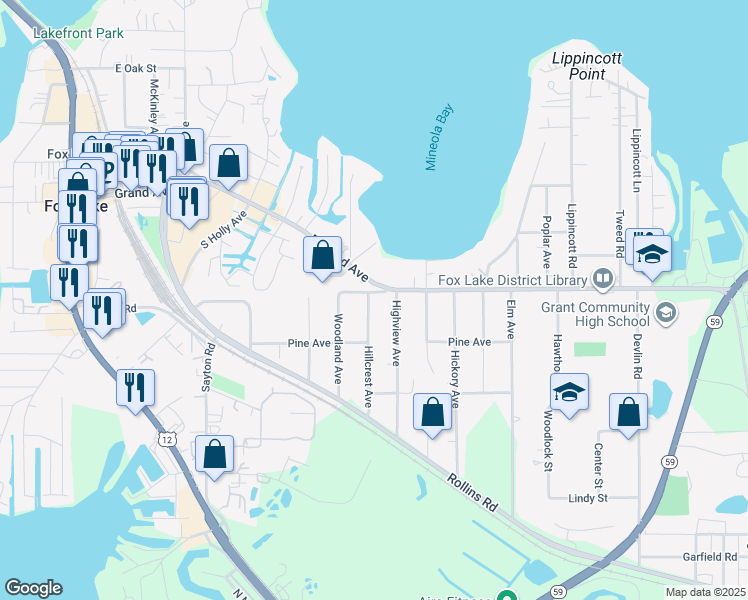 map of restaurants, bars, coffee shops, grocery stores, and more near 14 Hillcrest Avenue in Fox Lake