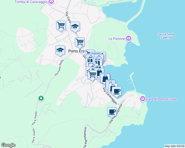 map of restaurants, bars, coffee shops, grocery stores, and more near 31 Via delle Buche in Porto Ercole