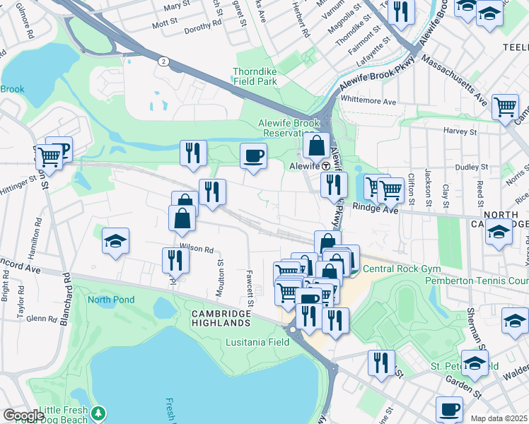 map of restaurants, bars, coffee shops, grocery stores, and more near 130 Cambridgepark Drive in Cambridge