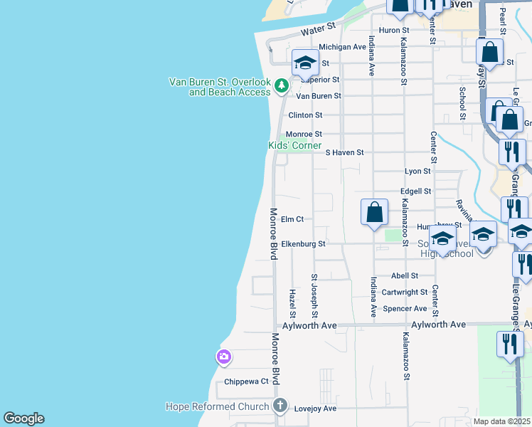 map of restaurants, bars, coffee shops, grocery stores, and more near 850 Monroe Boulevard in South Haven