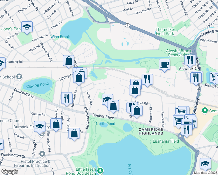 map of restaurants, bars, coffee shops, grocery stores, and more near 40 Loomis Street in Cambridge