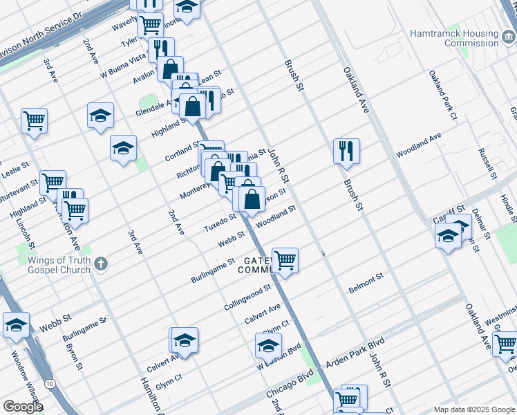 map of restaurants, bars, coffee shops, grocery stores, and more near 11698 Woodward Avenue in Detroit