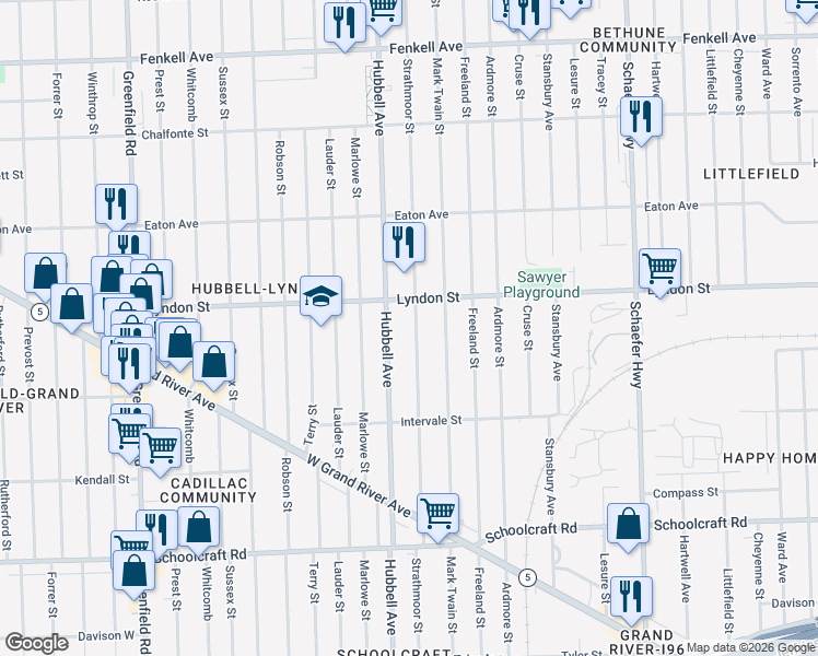 map of restaurants, bars, coffee shops, grocery stores, and more near 14393 Strathmoor Street in Detroit