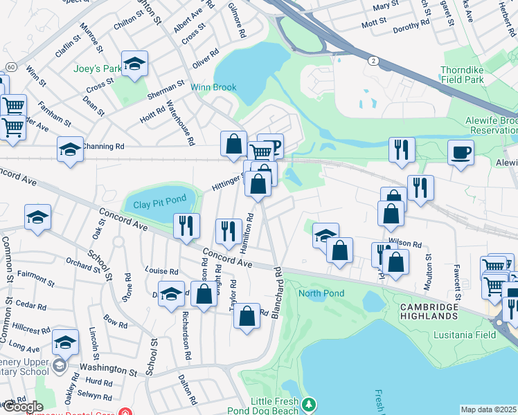 map of restaurants, bars, coffee shops, grocery stores, and more near 32 Colby Street in Belmont