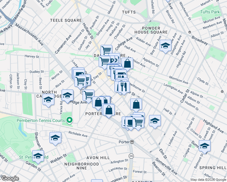map of restaurants, bars, coffee shops, grocery stores, and more near 7 Cottage Avenue in Somerville
