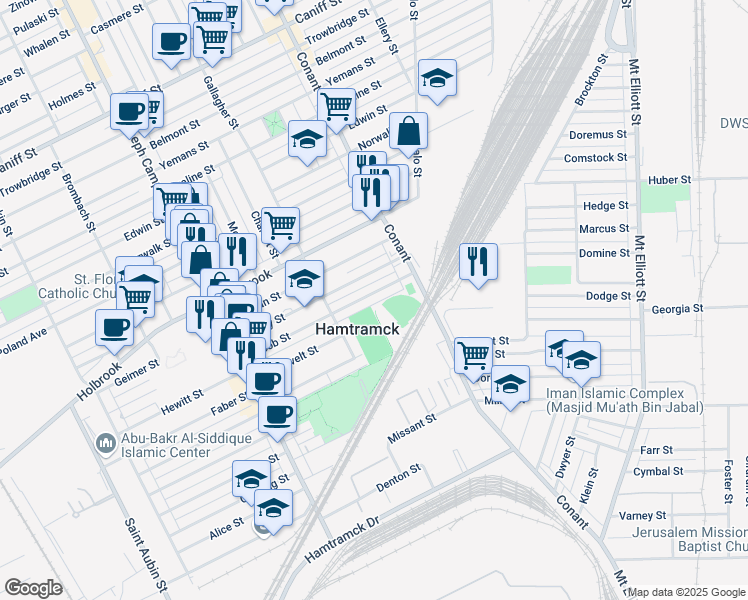 map of restaurants, bars, coffee shops, grocery stores, and more near 3218 Jacob Street in Hamtramck
