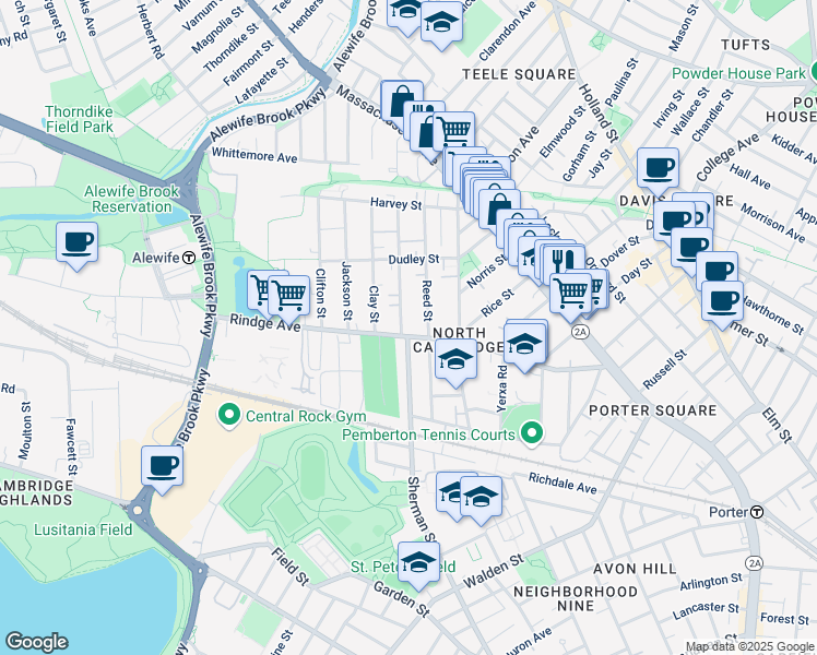 map of restaurants, bars, coffee shops, grocery stores, and more near 37 Montgomery Street in Cambridge