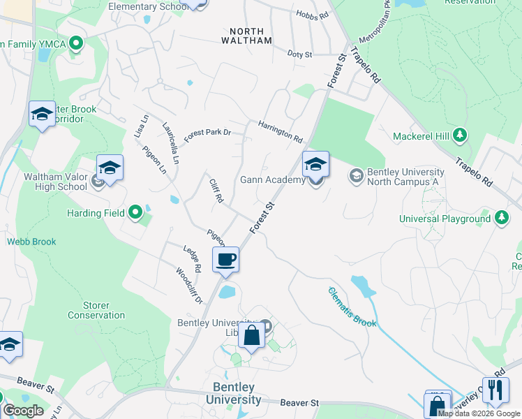 map of restaurants, bars, coffee shops, grocery stores, and more near 25 Rosewood Drive in Waltham