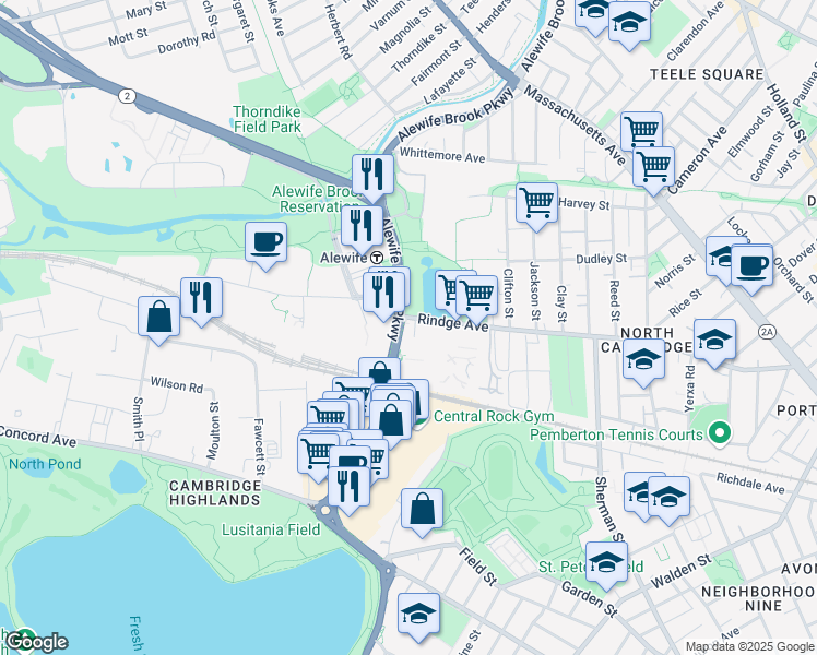 map of restaurants, bars, coffee shops, grocery stores, and more near 116 Cambridgepark Drive in Cambridge