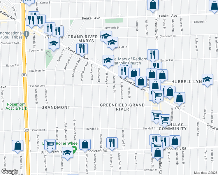 map of restaurants, bars, coffee shops, grocery stores, and more near 14440 Saint Marys Street in Detroit