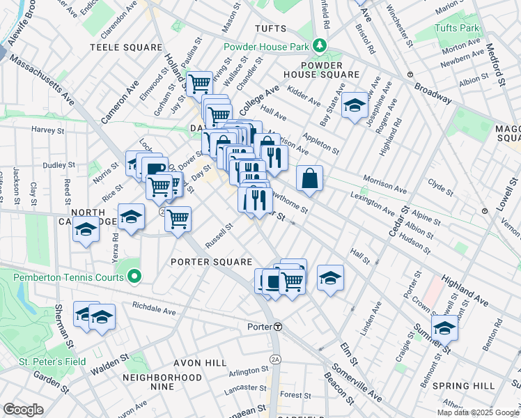 map of restaurants, bars, coffee shops, grocery stores, and more near 378 Highland Avenue in Somerville