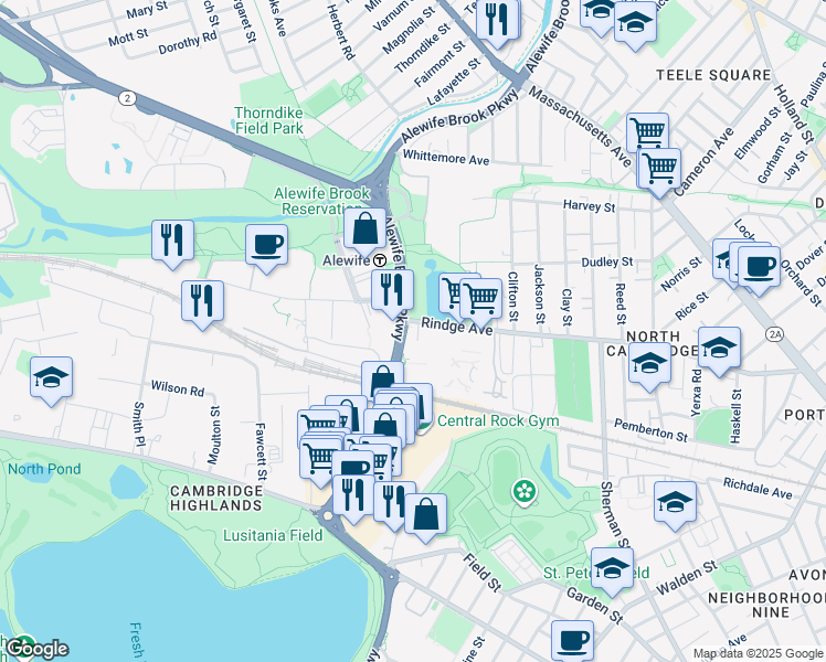 map of restaurants, bars, coffee shops, grocery stores, and more near 116 Cambridgepark Drive in Cambridge