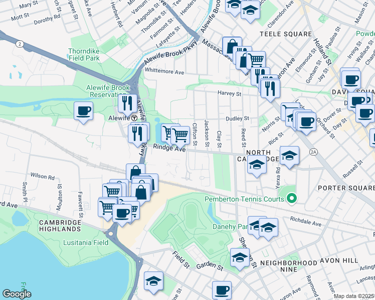 map of restaurants, bars, coffee shops, grocery stores, and more near 359 Rindge Avenue in Cambridge