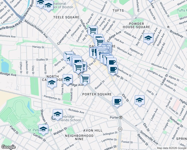 map of restaurants, bars, coffee shops, grocery stores, and more near 24 Chester Street in Somerville