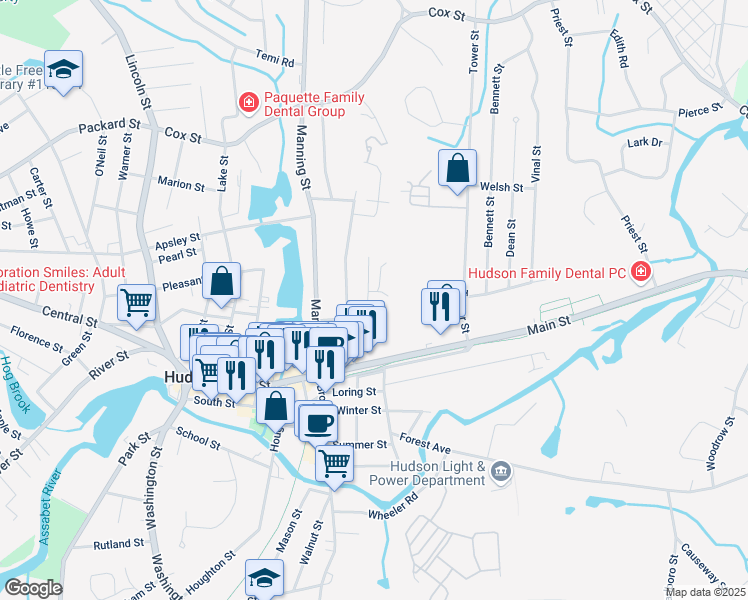 map of restaurants, bars, coffee shops, grocery stores, and more near 19 Munson Street in Hudson