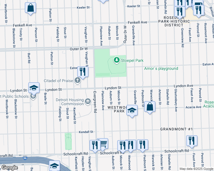 map of restaurants, bars, coffee shops, grocery stores, and more near 14571 Auburn Street in Detroit