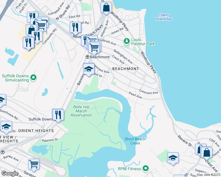 map of restaurants, bars, coffee shops, grocery stores, and more near 17 Orchard Street in Revere