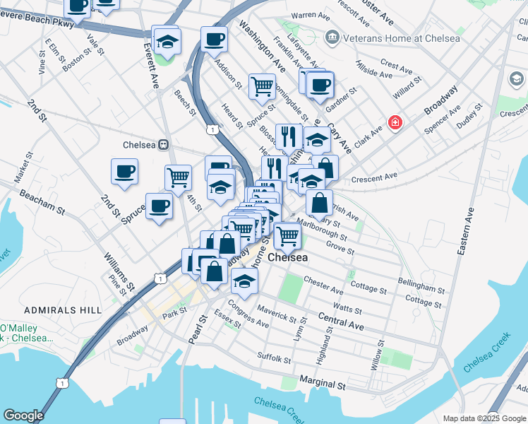 map of restaurants, bars, coffee shops, grocery stores, and more near 103 Poplar Street in Chelsea