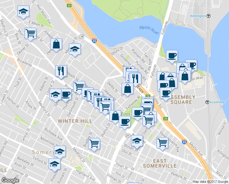 map of restaurants, bars, coffee shops, grocery stores, and more near 64 Derby Street in Somerville