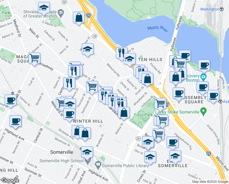 map of restaurants, bars, coffee shops, grocery stores, and more near in Somerville