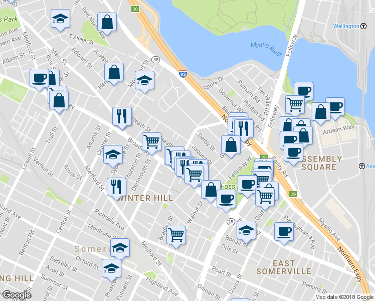 map of restaurants, bars, coffee shops, grocery stores, and more near in Somerville
