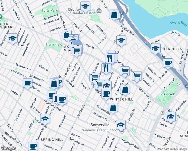 map of restaurants, bars, coffee shops, grocery stores, and more near 43 Adams Street in Somerville