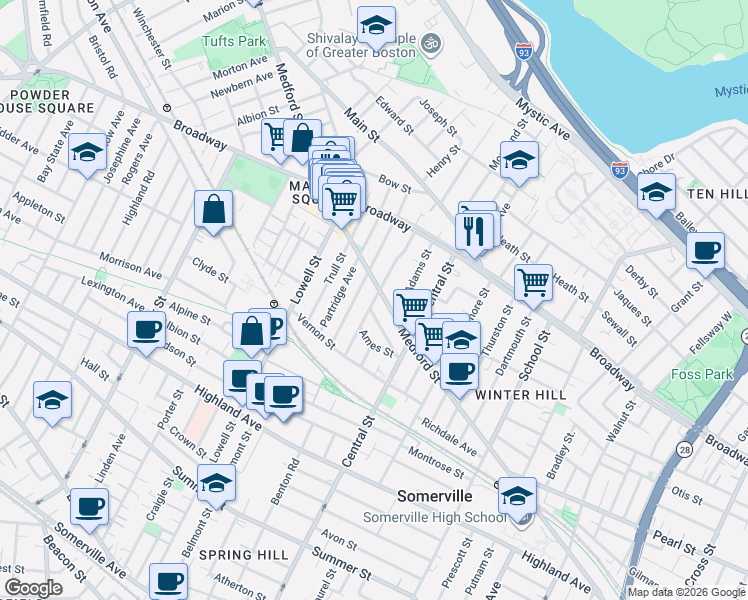 map of restaurants, bars, coffee shops, grocery stores, and more near 81 Bartlett Street in Somerville