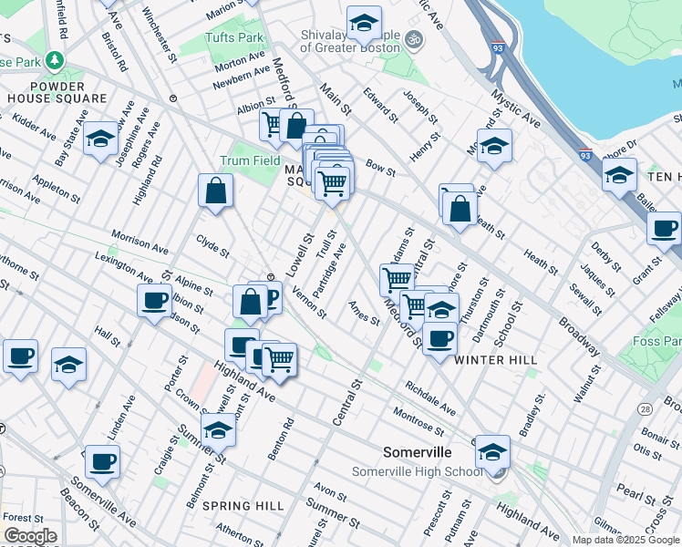 map of restaurants, bars, coffee shops, grocery stores, and more near 47 Partridge Avenue in Somerville