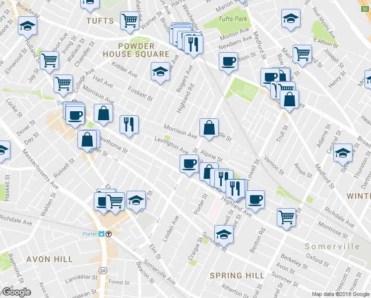 map of restaurants, bars, coffee shops, grocery stores, and more near in Somerville