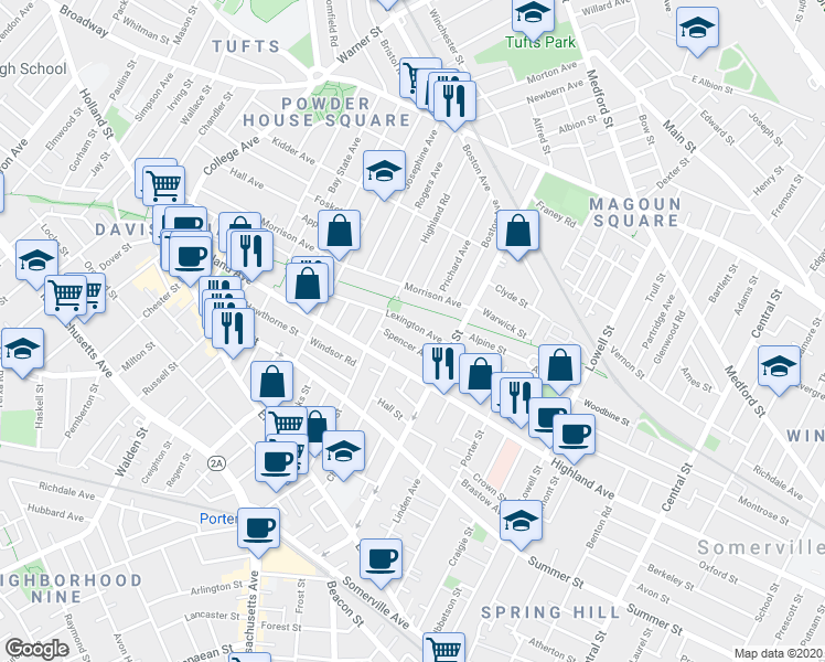 map of restaurants, bars, coffee shops, grocery stores, and more near 47 Lexington Avenue in Somerville