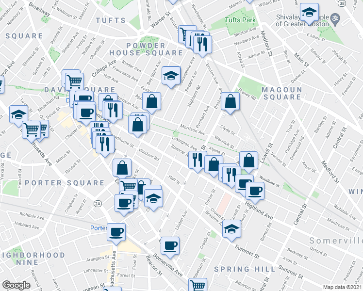map of restaurants, bars, coffee shops, grocery stores, and more near 47 Lexington Avenue in Somerville