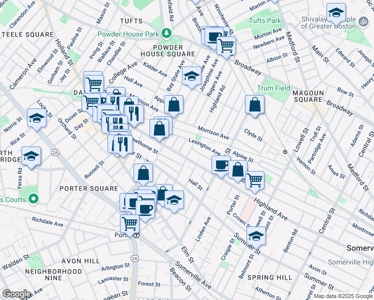 map of restaurants, bars, coffee shops, grocery stores, and more near 82 Lexington Avenue in Somerville