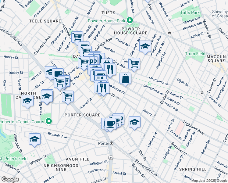 map of restaurants, bars, coffee shops, grocery stores, and more near 378 Highland Avenue in Somerville