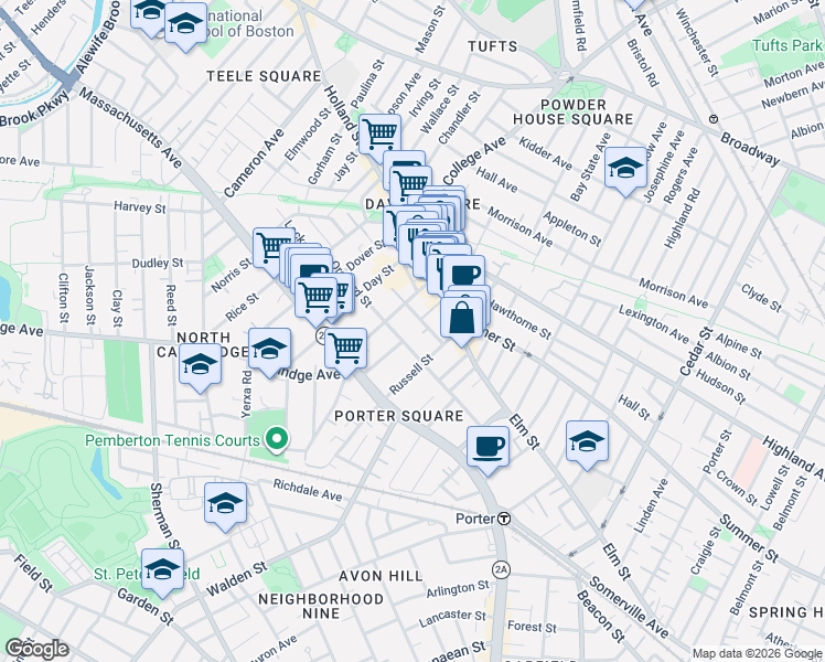 map of restaurants, bars, coffee shops, grocery stores, and more near in Somerville