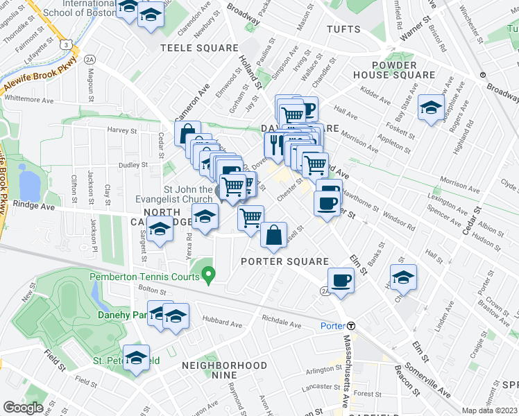 map of restaurants, bars, coffee shops, grocery stores, and more near 15 Day Street in Cambridge