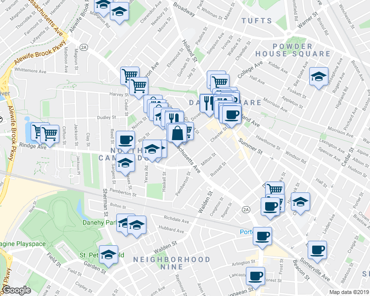 map of restaurants, bars, coffee shops, grocery stores, and more near 15 Day Street in Cambridge