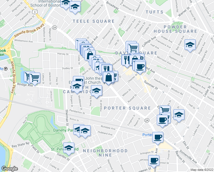 map of restaurants, bars, coffee shops, grocery stores, and more near 2265 Massachusetts Avenue in Cambridge