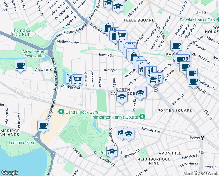 map of restaurants, bars, coffee shops, grocery stores, and more near 37 Montgomery Street in Cambridge