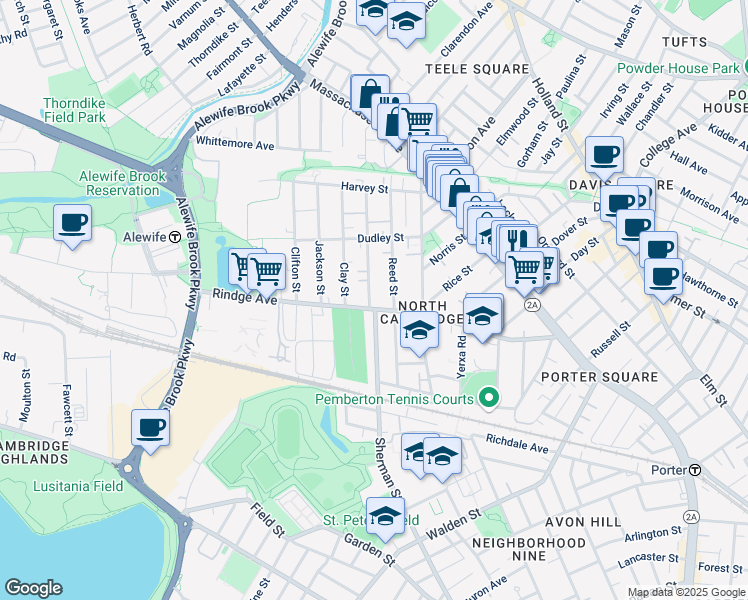 map of restaurants, bars, coffee shops, grocery stores, and more near 37 Montgomery Street in Cambridge