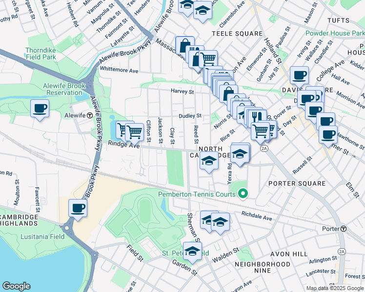 map of restaurants, bars, coffee shops, grocery stores, and more near 37 Montgomery Street in Cambridge