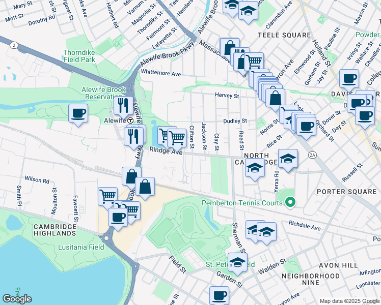 map of restaurants, bars, coffee shops, grocery stores, and more near 29 Clifton Street in Cambridge