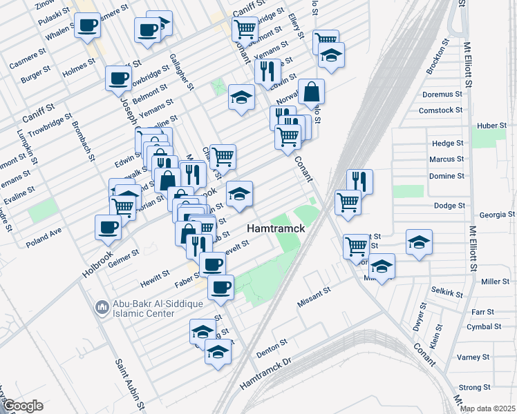 map of restaurants, bars, coffee shops, grocery stores, and more near 3170 Lehman Street in Hamtramck