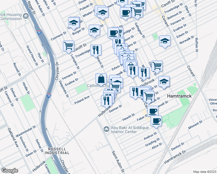 map of restaurants, bars, coffee shops, grocery stores, and more near 2620 Norwalk Street in Hamtramck