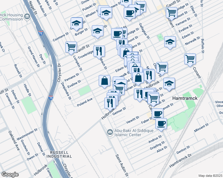 map of restaurants, bars, coffee shops, grocery stores, and more near 2620 Norwalk Street in Hamtramck